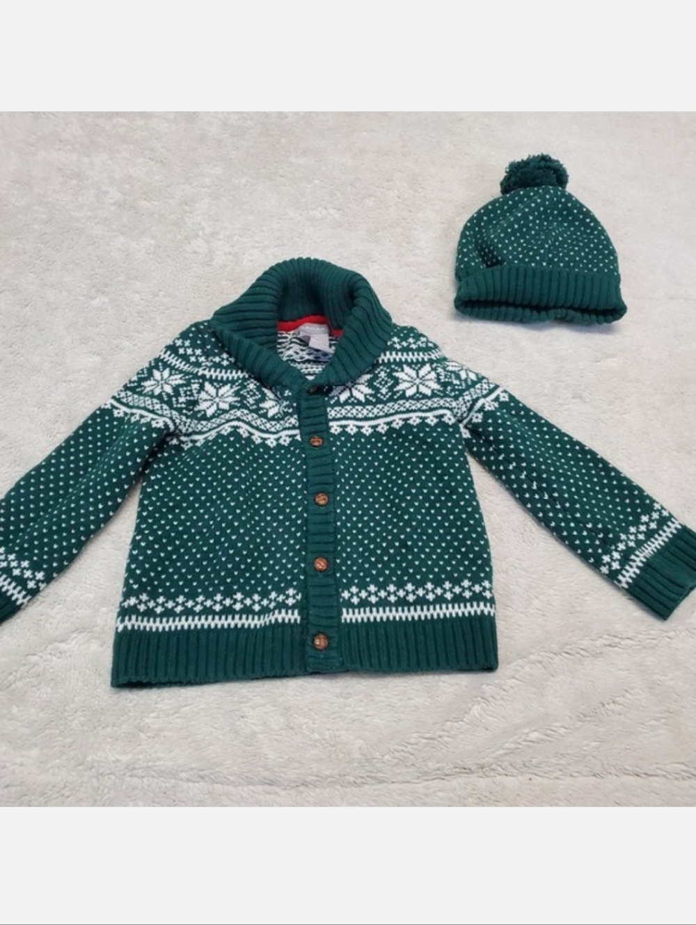 Tahari Green White Fair Isle Knit Shawl Collar Cardigan Beanie Hat Boy 24 months